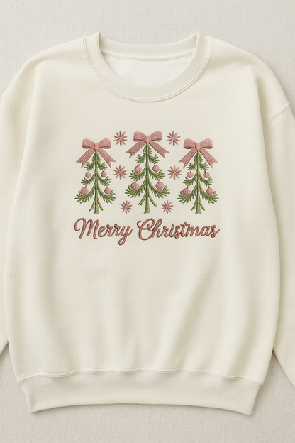 Merry Christmas Pink Bow Embroidered Crewneck
