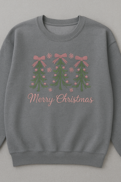 Merry Christmas Pink Bow Embroidered Crewneck